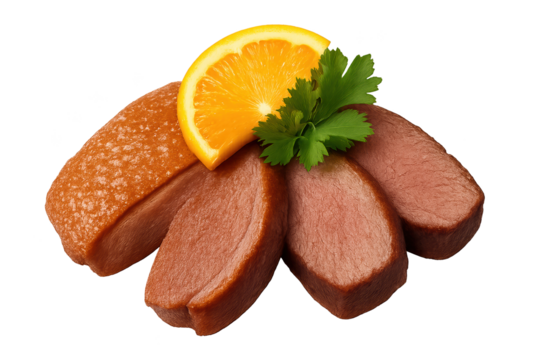 Juicy roasted duck breast slices with orange slice and parsley garnish