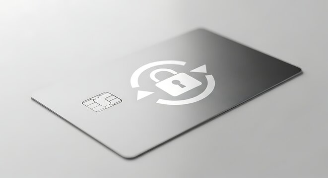 Secure credit card with a padlock symbol and refresh arrows, isolated on white background