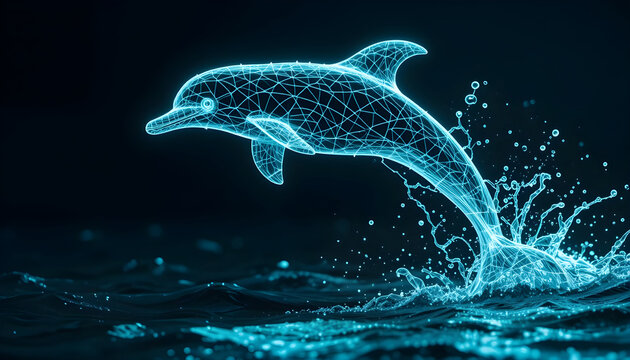 Dolphin Wireframe Hologram Leaping from Water with Digital Neon Glow