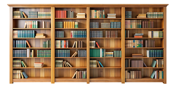 A large wooden bookshelf filled with many books, isolated on transparent background