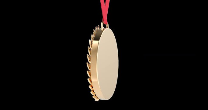 Gold medal with laurel wreath and red ribbon rotation animation seamlessly loopable. 3D rendering isolated on transparent background