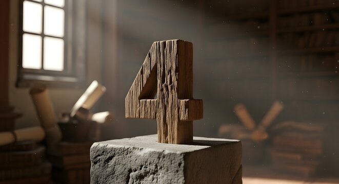 Rustic wooden number four with sunbeams, vintage study background, warm tones, conceptual design element.