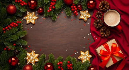 Cozy Christmas Pine Frame with Gingerbread Stars, Red Ornaments, Hot Cocoa & Gift – Wooden Table Background for Holiday Cards, Banners, Social Media & Festive Seasonal Designs