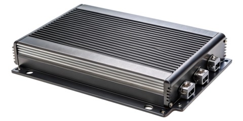 A black electronic device with a ribbed top and silver accents, featuring multiple connectors on the side, isolated on a transparent background