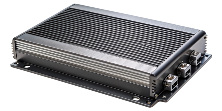 A black electronic device with a ribbed top and silver accents, featuring multiple connectors on the side, isolated on a transparent background