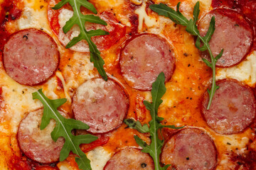 Juicy pizza top view macro photo