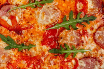 Juicy pizza top view macro photo