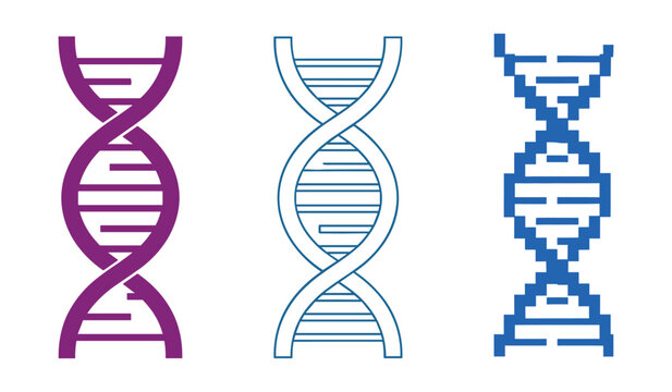 Three D N A helix icons in purple blue and pixelated blue molecule genetics