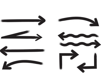 Set of unique hand drawn black arrow symbols pointing various ways