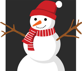 Cute cheerful cartoon snowman with red hat, scarf, and broom isolated for winter Christmas fun and holiday celebration