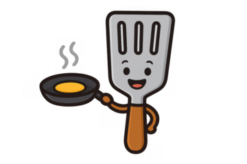 Spatula character cooking a fried egg in a frying pan, preparing breakfast with a happy smile