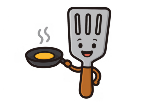 Spatula character cooking a fried egg in a frying pan, preparing breakfast with a happy smile
