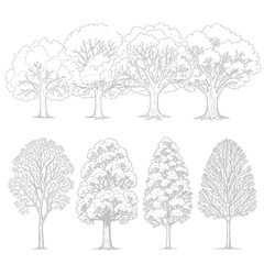 Variety of hand-drawn tree illustrations on white background.