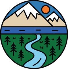 A stylized circular illustration depicting a serene natural landscape with mountains, a river, pine trees, and a sun, perfect for nature-themed designs