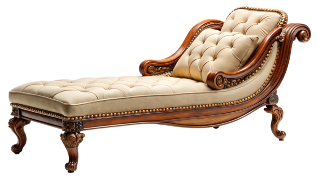 A luxurious and ornate tufted chaise lounge with carved wooden details and decorative trim, isolated on a transparent background
