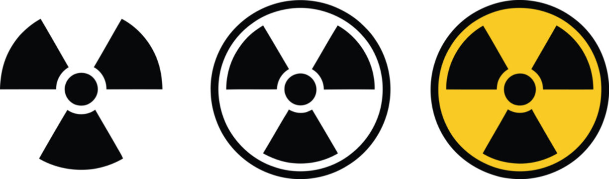 Radiation hazard warning symbols A set of three distinct icons representing radioactive materials and potential danger