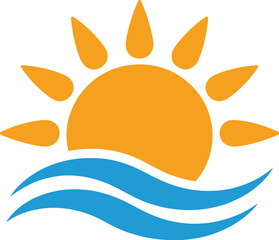 Naklejka premium Sun & Sea A Graphic Illustration of a Radiant Sun Rising Above Gentle Waves, Symbolizing Tranquility and Warmth