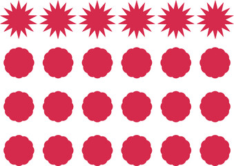 A versatile graphic set of red starburst and scalloped circle seal shapes for promotional stickers and emblems