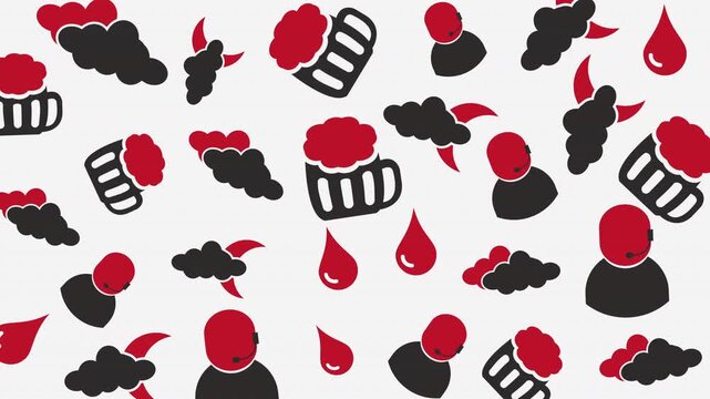 Abstract pattern featuring beer mugs, red droplets, and smoke icons in a seamless graphic design on white background