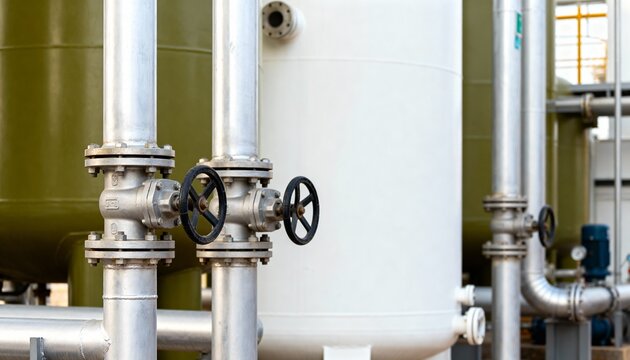 Close-up of industrial pipes and control valves at a factory. Direct air capture (DAC) technology for CO2 removal. Green energy and climate solution concept with copy space