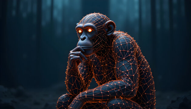 Thinking Monkey Wireframe Digital Hologram with Glowing Orange Network and Eyes