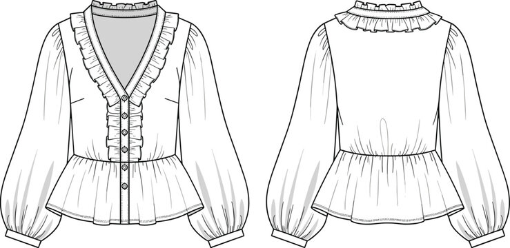 Front and back fashion flat sketch of a womens blouse with a ruffled vneckline, long puffed sleeves, and a peplum hem, featuring button details down the front