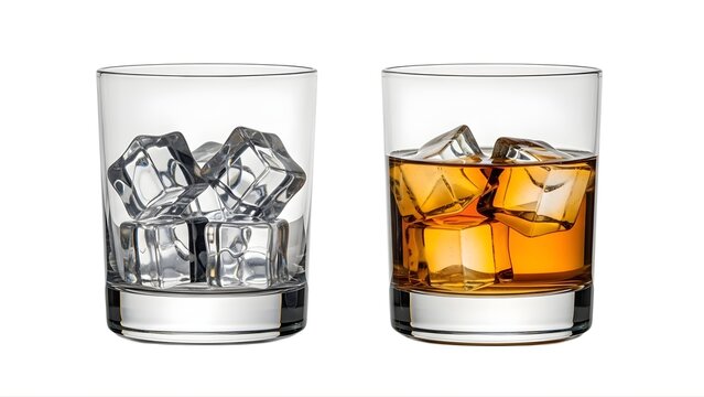 Whiskey glasses with ice cubes clear drinks alcoholic beverage cocktail barware glassware drinkware isolated on transparent background