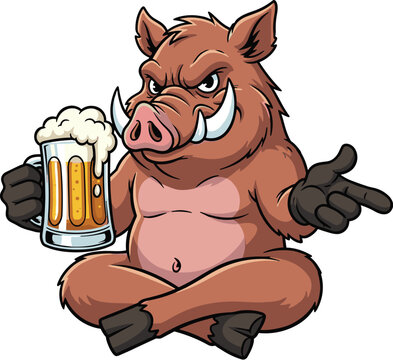 Angry cartoon wild boar sitting crosslegged with a mug of beer