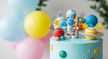 Birthday. Colorful birthday cake decorated with astronaut and planet figurines, surrounded by vibrant balloons, creating a festive atmosphere for children's celebrations and joyful moments