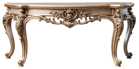 An ornate, antiquestyle console table with intricate carvings and cabriole legs, isolated on a transparent background