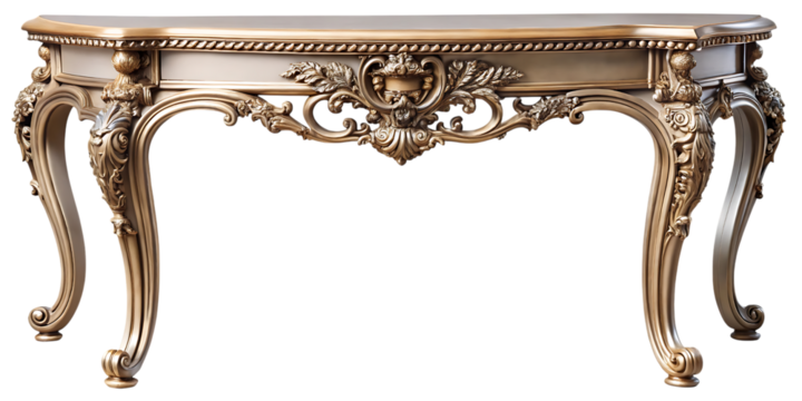 An ornate, antiquestyle console table with intricate carvings and cabriole legs, isolated on a transparent background