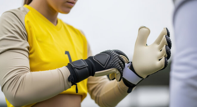 Female soccer goalkeeper putting on protective gloves. Close-up of an athlete preparing for a match. Women's sports and game day preparation concept - Powered by Adobe