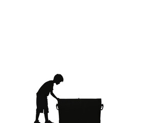 PNF of Silhouette of a young boy exploring a mysterious box, evoking curiosity and wonder.