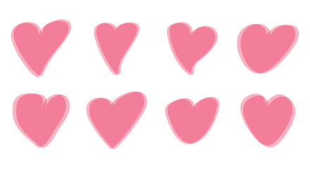 Set of hand drawn pink hearts isolated on white background, a collection of doodle elements for creative design projects and love themes
