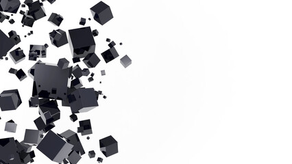 Black glossy cubes scattered on white copy-space background.