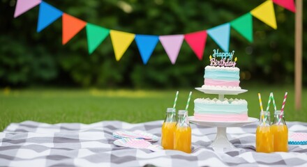 Birthday. Colorful birthday celebration setup featuring a two-tier cake with pastel frosting, vibrant bunting, and refreshing drinks on a picnic blanket in a cheerful outdoor setting