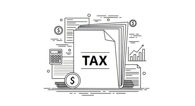Minimalist tax illustration showcasing financial documents and calculation tools for declaration
