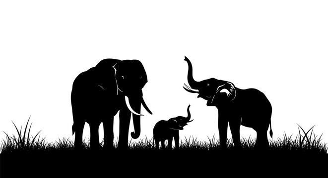 Silhouette of a family of elephants, including two adults and a baby, standing in grass against a