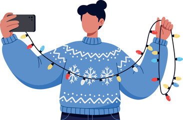 Young Woman Wearing Blue Christmas Sweater Holding String of Colorful Holiday Lights Taking Selfie