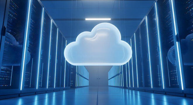 Cloud computing server room with data storage and artificial intelligence technology