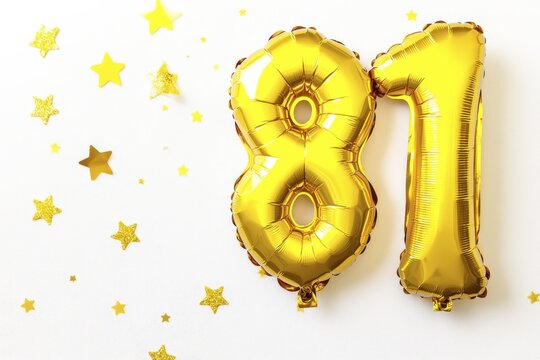 Gold balloon numbers 81 with sparkling stars on white background celebrating anniversary event