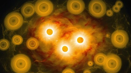 Abstract Sun Cores in a Golden Nebula. Pulsing energy orbs in a swirling fractal space.Seamless loop. - Powered by Adobe
