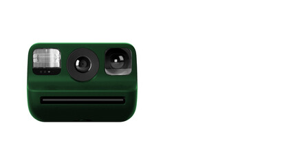 Front view closeup of green instant photographic camera on white copy-space background.