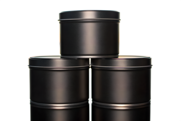 Stacked empty black round metal containers, a sleek storage tin mockup for minimalist product packaging design. Isolated on white, versatile for branding templates