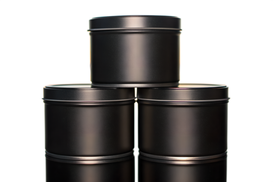 Stacked empty black round metal containers, a sleek storage tin mockup for minimalist product packaging design. Isolated on white, versatile for branding templates