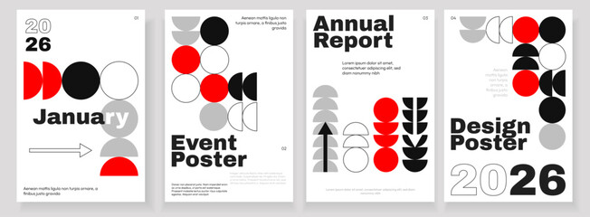 Modern geometric poster templates with bold typography, red and black shapes, and minimal layout. Abstract design for annual report, calendar, or event presentation in 2026 style.