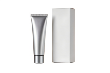 Blank silver metallic tube of cosmetic product or cream next to a plain white cardboard packaging box on a white background