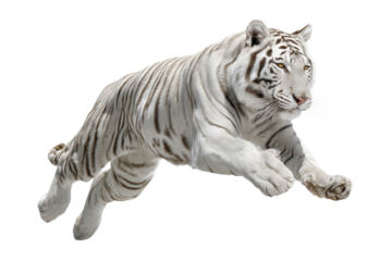White Tiger Leaping Mid-Air on Transparent Background. Tiger Alpha, Cut-out.