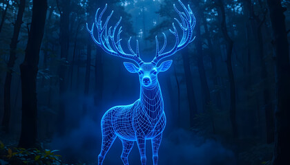 Majestic Stag Wireframe Hologram Glowing Blue in a Dark, Misty Forest