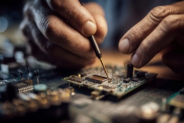 Close-up of hands repairing computer circuit board with a soldering iron for electronics repair and service with technology concept for maintenance purposes.